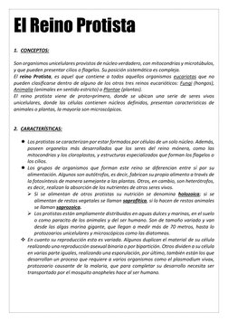 El Reino Protista 
 
 
1. CONCEPTOS: 
 
Son organismos unicelulares provistos de núcleo verdadero, con mitocondrias y microtú
