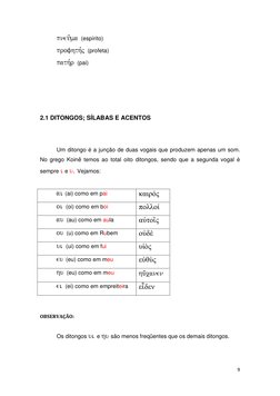 9 
 
pnema (espírito) 
profhth,j (profeta) 
path,r (pai) 
 
 
 
 
2.1 DITONGOS; SÍLABAS E ACENTOS  
 
 
Um ditongo é a junçã