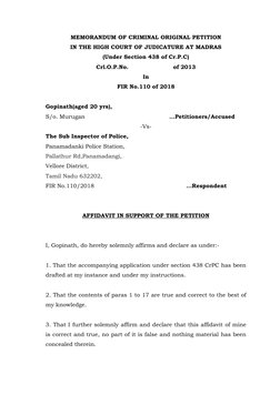 MEMORANDUM OF CRIMINAL ORIGINAL PETITION 
IN THE HIGH COURT OF JUDICATURE AT MADRAS 
(Under Section 438 of Cr.P.C) 
Crl.O.P.N