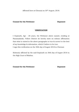 Affirmed here at Chennai on 30th August, 2018. 
 
 
 
Counsel for the Petitioner 
 
 
 
 
Deponent 
 
 
VERIFICATION  
 
I Go