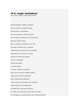 ¡A ti, mujer luchadora!
Jorge Acuña / Martes 12 de marzo de 2013
Mujer trabajadora, rebelde y soñadora
Llena de defectos y gr