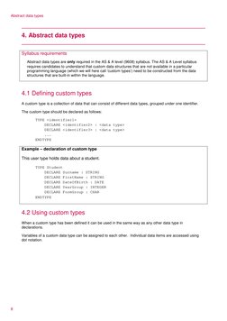 Abstract data types 
 
4. Abstract data types 
 
 
Syllabus requirements 
Abstract data types are only required in the AS & A