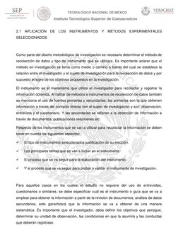 TECNOLÓGICO NACIONAL DE MÉXICO 
Instituto Tecnológico Superior de Coatzacoalcos 
 
2.1 APLICACIÓN DE LOS INSTRUMENTOS Y MÉTOD