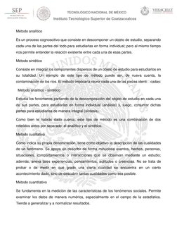 TECNOLÓGICO NACIONAL DE MÉXICO 
Instituto Tecnológico Superior de Coatzacoalcos 
 
Método analítico 
Es un proceso cognosciti