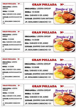 Precio s/ 10 
          GRAN POLLADA     Nº…………… 
ORGANIZA: LIDERA GROUP 
HORA: