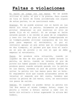 10 
  Faltas o violaciones 
El balón se juega con las manos. No se puede 
utilizar el puño, el pie o la pierna. Pero cuando