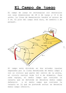 4 
El Campo de juego 
El campo de juego es rectangular sin obstáculos 
con unas dimensiones de 28 m de largo y 15 m de 
anc