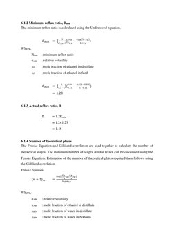 6.1.2 Minimum reflux ratio, Rmin 
The minimum reflux ratio is calculated using the Underwood equation. 
 
 
 
𝑅𝑚𝑖𝑛 = [
1
