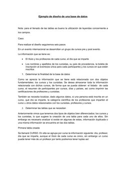 Ejemplo de diseño de una base de datos
Nota: para el llenado de las tablas es bueno la utilización de leyendas concerniente a
