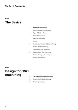 2
Table of Contents
Part 1
The Basics
What is CNC machining?
A brief history of CNC machining
Types of CNC machines
3-axis CN