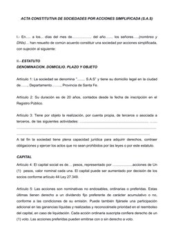ACTA CONSTITUTIVA DE SOCIEDADES POR ACCIONES SIMPLIFICADA (S.A.S)
I.- En..... a los... días del mes de…………….. del año….... lo