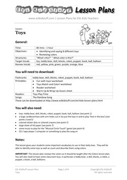 www.eslkidstuff.com | Lesson Plans for ESL Kids Teachers 
 
 
ESL KidStuff Lesson Plan: 
Toys 
Page 1 of 8 
Copyright ESL K