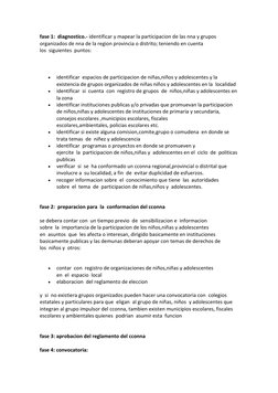 fase 1:  diagnostico.- identificar y mapear la participacion de las nna y grupos 
organizados de nna de la region provincia o