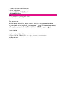 -nombre del responsable del cconna  
-correo electronico 
-telefonos del responsable dl cconaa 
-fecebook del cconna 
dp 
dul