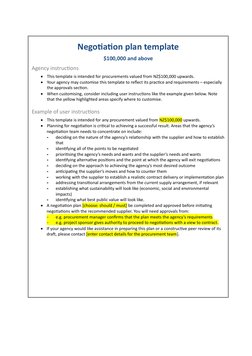 Negotiation plan template
$100,000 and above
Agency instructions

This template is intended for procurements valued from NZ$