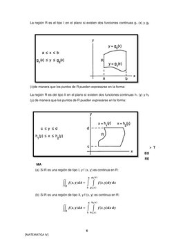 6 
[MATEMATICA IV] 
La región R es el tipo I en el plano si existen dos funciones continuas g1 (x) y g2 
(x)de manera que los