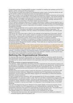 Customizing activities. AcceleratedSAP provides a checklist for installing the hardware and the R/3 
System, and for verifyin