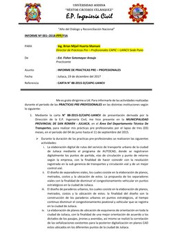 UNIVERSIDAD ANDINA 
“NÉSTOR CÁCERES VELÁSQUEZ” 
E.P. Ingeniería Civil 
 
“Año del Diálogo y Reconciliación Nacional” 
INFORME