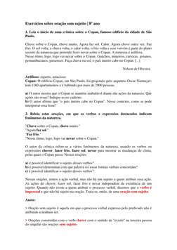 Exercícios sobre oração sem sujeito | 8º ano  
1. Leia o início de uma crônica sobre o Copan, famoso edifício da cidade de Sã