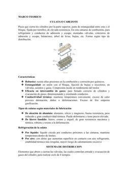 MARCO TEORICO
CULATA O CABEZOTE
Pieza que cierra los cilindros por la parte superior, junta de estanqueidad entre esta y el
b