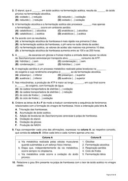 Página 4 de 6 
2. O etanol, que é _______ em ácido acético na fermentação acética, resulta da ______ do ácido 
pirúvico na fe