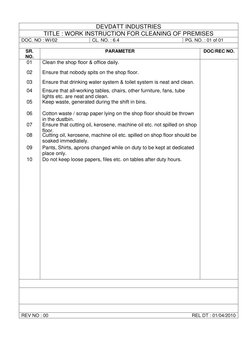 DEVDATT INDUSTRIES 
TITLE : WORK INSTRUCTION FOR CLEANING OF PREMISES 
DOC. NO : WI/02 
CL. NO. : 6.4 
PG. NO. : 01 of 01