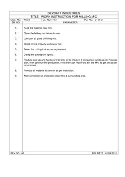 DEVDATT INDUSTRIES 
TITLE : WORK INSTRUCTION FOR MILLING M/C 
DOC. NO. :  WI/03 
CL. NO.: 7.5.1 
PG. NO. : 01 of 01 
SR. NO.