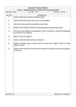 DEVDATT INDUSTRIES 
TITLE : WORK INSTRUCTION FOR Co2 WELDING 
DOC. NO : WI/07 
CL. NO. : 7.5.2 
PG. NO. : 01 of 01 
 
SR. NO.