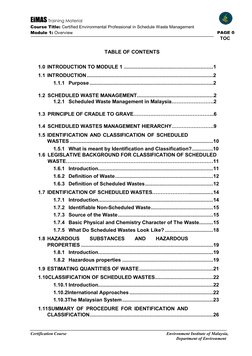 EiMAS Training Material 
 
 
Course Title: Certified Environmental Professional in Schedule Waste Management 
Module 1: Overv
