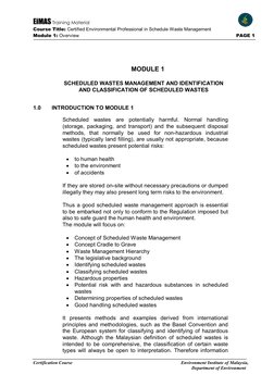 EiMAS Training Material 
 
 
Course Title: Certified Environmental Professional in Schedule Waste Management 
Module 1: Overv