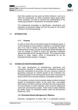 EiMAS Training Material 
 
 
Course Title: Certified Environmental Professional in Schedule Waste Management 
Module 1: Overv