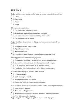 TEST JYM 1 
1 ¿Que teórico sobre el juego promulga que el juego es el mundo de las emociones? 
a. Groos.  
b. Buytendijk.  
c