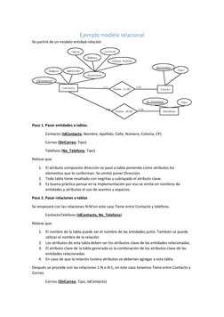 Ejemplo modelo relacional 
Se partirá de un modelo entidad-relación 
 
Paso 1. Pasar entidades a tablas.  
 
Contacto (IdCont