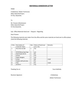 Hand Over Material Materials Handover Letter Template | PDF | Equipment | Tools