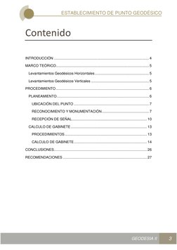 GEODESIA II 
ESTABLECIMIENTO DE PUNTO GEODÉSICO 
3 
Contenido 
 
INTRODUCCIÓN ......................................