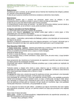 HISTÓRIA DA PSICOLOGIA - Resumo da Aulas 
Referência do livro-texto: SCHULTZ, Duane P.; SCHULTZ, Sydney Ellen. História da ps