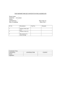 TEST REPORT FOR SILT CONTENT OF FINE AGGREGATE
Project name      :
                              
Tested for   :  silt conten