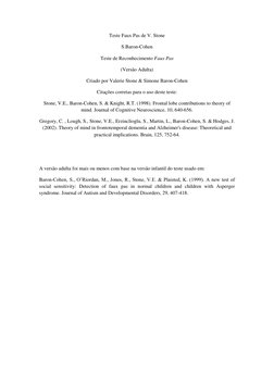 Teste Faux Pas de V. Stone 
S.Baron-Cohen 
Teste de Reconhecimento Faux Pas 
(Versão Adulta) 
Criado por Valerie Stone & Simo