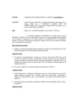 SEÑOR                :  CORONEL PNP. INSPECTOR DE  LA RPNP.- CAJAMARCA./
ASUNTO         :  Emite Informe Absolutorio a las Re