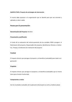 QUINTA ETAPA: Proyecto de estrategias de intervención  
 
El mismo debe ajustarse a la organización que se abordó para que