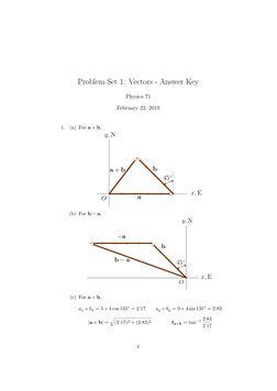 Problem Set 1: Vectors - Answer Key
Physics 71
February 22, 2019
1.
(a) For a + b,
x, E
O
y, N
a
b
45◦
a + b
(b) For b −a,
O
