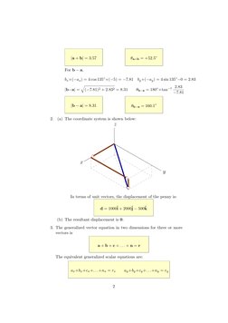 |a + b| = 3.57
θa+b = +52.5◦
For b −a,
bx+(−ax) = 4 cos 135◦+(−5) = −7.81
by+(−ay) = 4 sin 135◦−0 = 2.83
|b−a| =
q
(−7.81)2 +