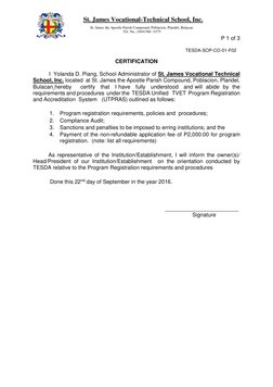 P 1 of 3 
St. James Vocational-Technical School, Inc. 
St. James the Apostle Parish Com