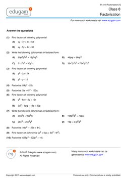 Class 8
Factorisation
For more such worksheets visit www.edugain.com (https://www.edugain.com) (https://www.edugain.com/math/