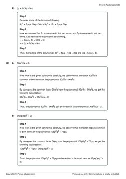 B)
(q + 6)(3q + 5p)
Step 1
Re-order some of the terms as following,
3q2 + 5pq + 18q + 30p = 3q2 + 18q + 5pq + 30p
Step 2
Now