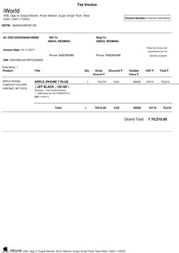 IWorld  44B, Opp to Gopal Mandir, Khan Market, Sujan Singh Park, New Delhi, Delhi 110003 
Tax Invoice 
  
iWorld 
44B, Opp