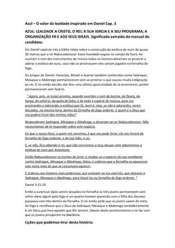 Azul – O valor da lealdade Inspirado em Daniel Cap. 3 
AZUL: LEALDADE A CRISTO, O REI; A SUA IGREJA E A SEU PROGRAMA; A 
ORGA