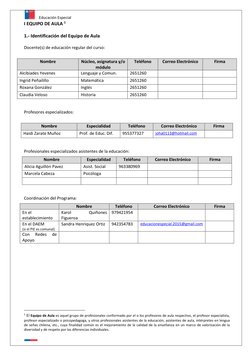 Educación Especial 
 
I EQUIPO DE AULA 1 
 
1.- Identificación del Equipo de Aula 
 
Docente(s) de educación regular del curs