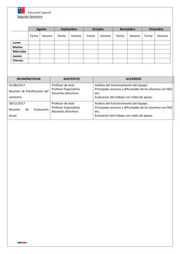 Educación Especial 
 
Segundo Semestre 
 
 
 
Agosto 
Septiembre 
Octubre 
Noviembre 
Diciembre 
 
Fecha 
Horario 
Fecha 
Hor