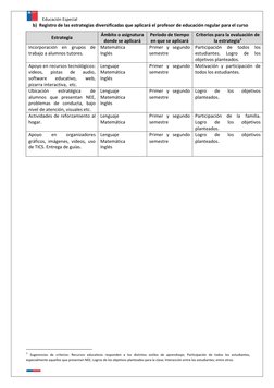 Educación Especial 
 
b)  Registro de las estrategias diversificadas que aplicará el profesor de educación regular para el cu